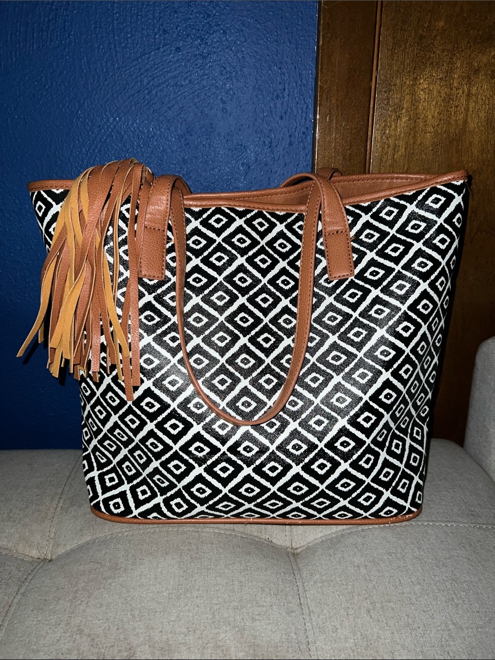 Black & White Geometric Tote with Brown Trim